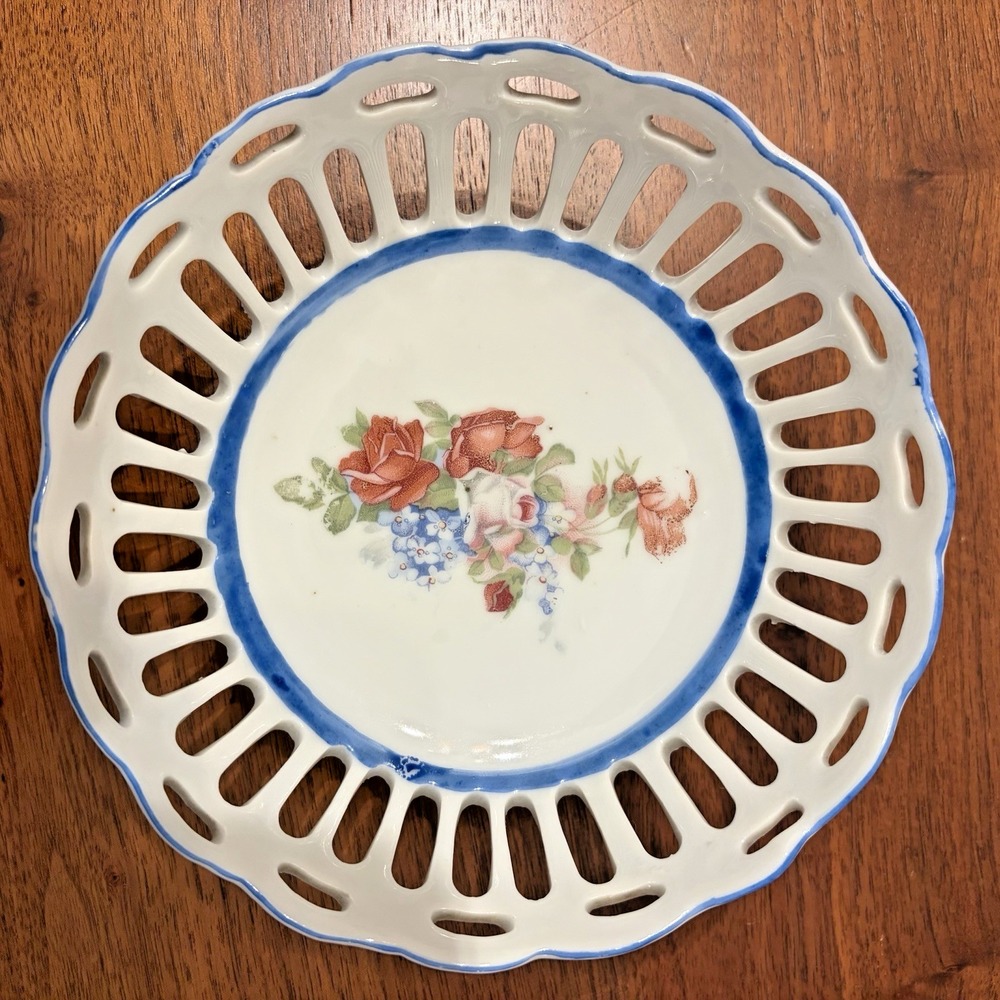 Vintage Floral candy bowl dish 6 inches Made in Japan Cutouts Scalloped